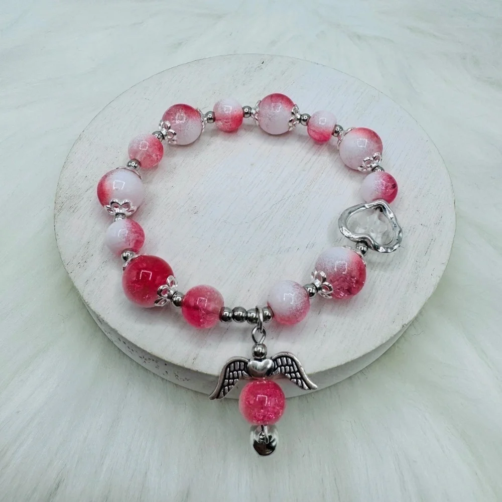 Pink  Beaded w/ Angel Charm Bracelet - Small wrists